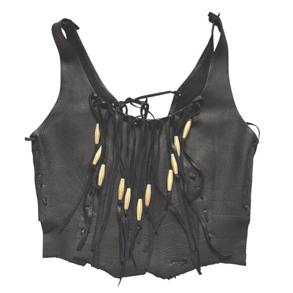 Incredible American Vintage Black Leather Western Native American Inspired Vest - Picture 1 of 5